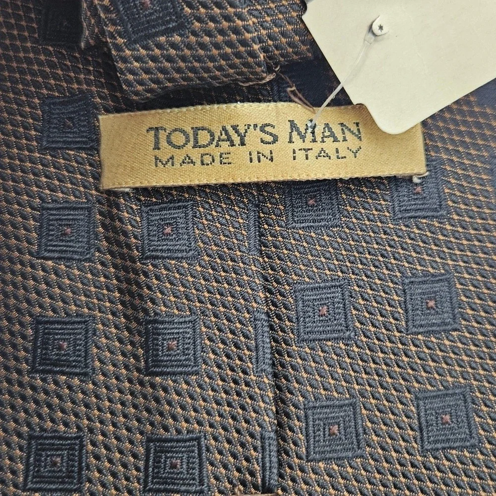 Today's Man Silk Necktie Bronze Black Geometric Square Pattern Made in Italy NWT